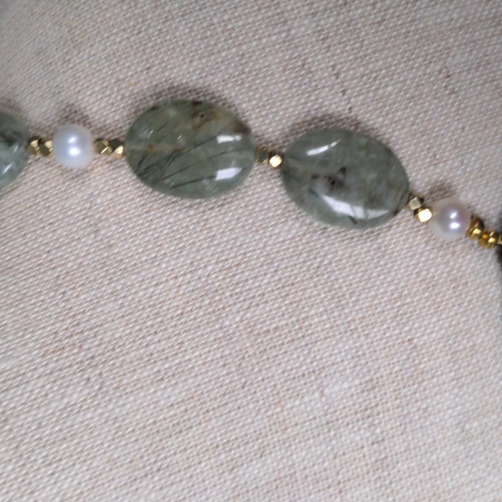 New Green & Gold Leaf Pendant Necklace, Handcrafted, Prenite Gemstones, Pearls - Picture 5 of 10